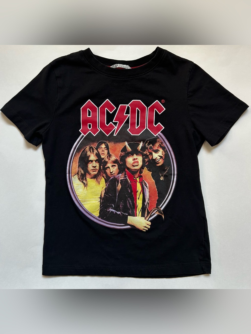 H&M + AC/DC Black Tee with Red Logo and Multicolor Band Graphic